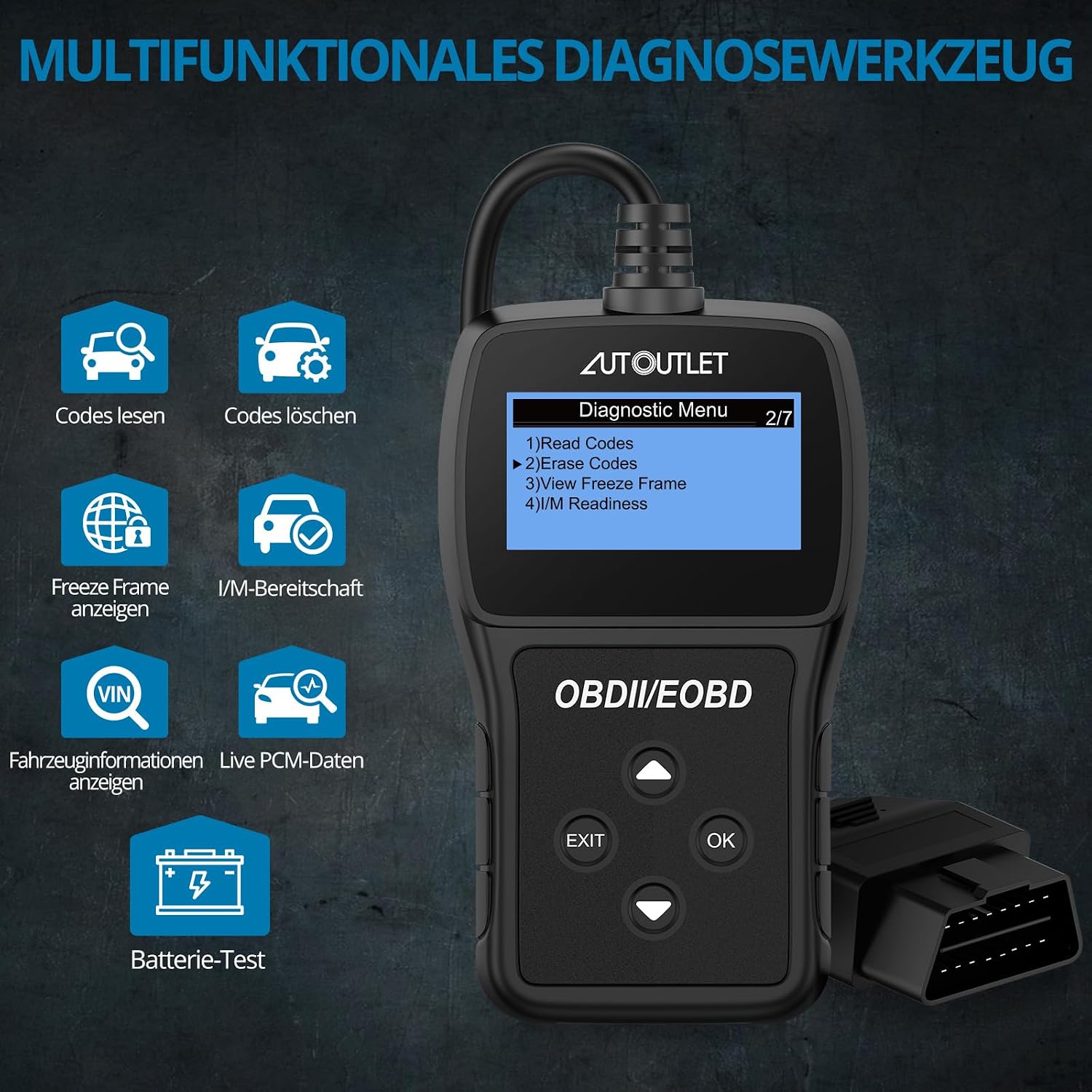 Detalle 2 de AUTOUTLET OBD2 Diagnosegerät für Auto: OBD2-Scanner mit DTC-Definition, 10 Sprachen & Live-Daten