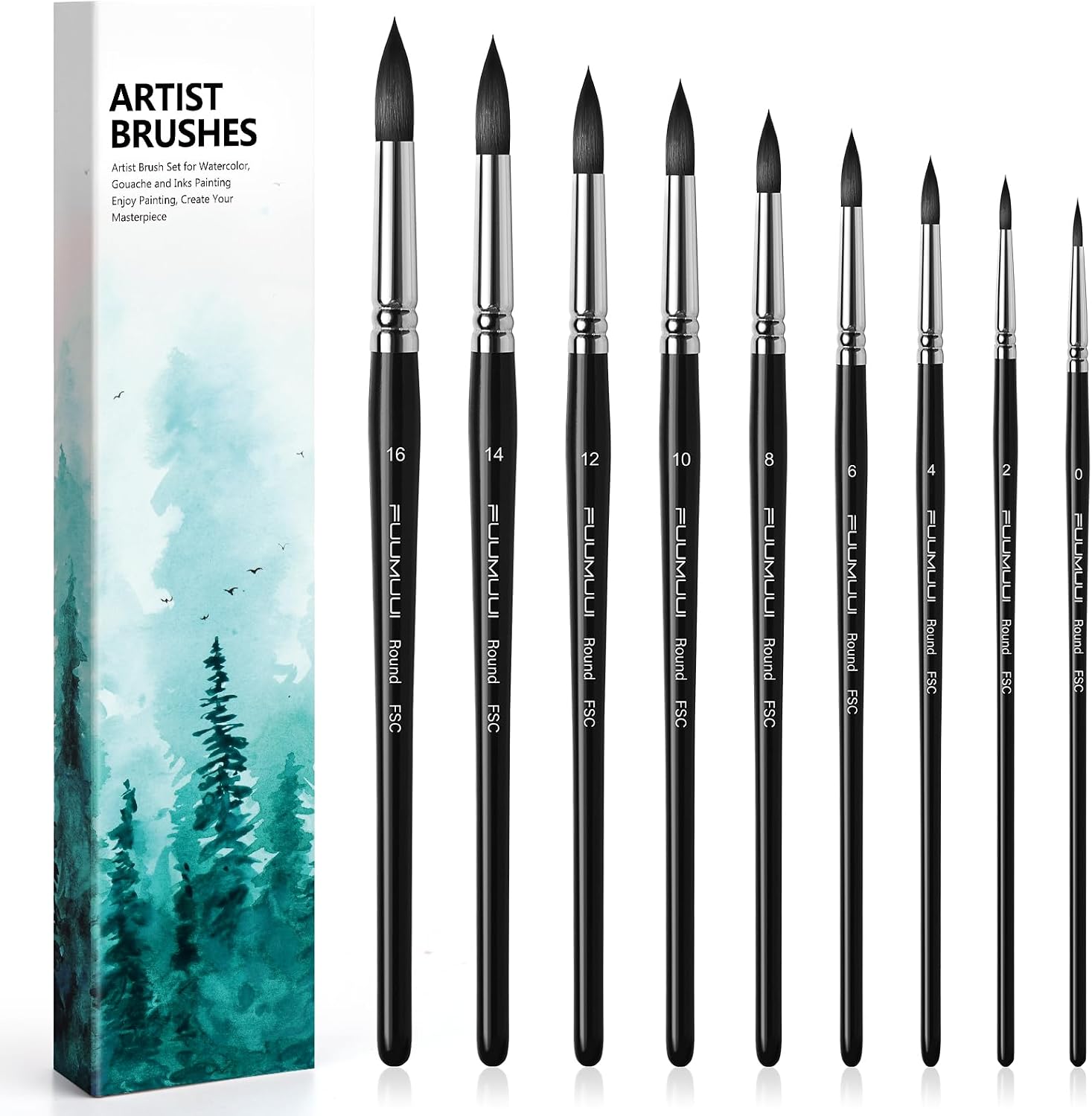Detalle de Aquarellpinsel-Set (9-teilig) mit synthetischem Eichhörnchenhaar – Rundpinsel für Aquarell & Tempera