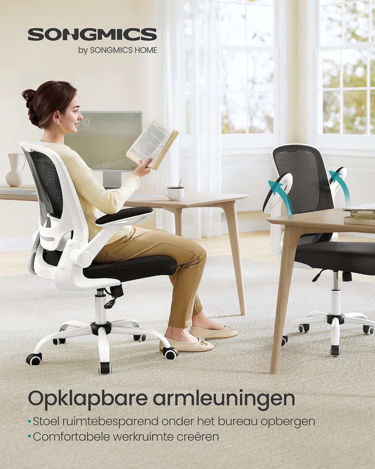 Detalle 2 de SONGMICS OBN37WT ergonomische bureaustoel met inklapbare armleuningen