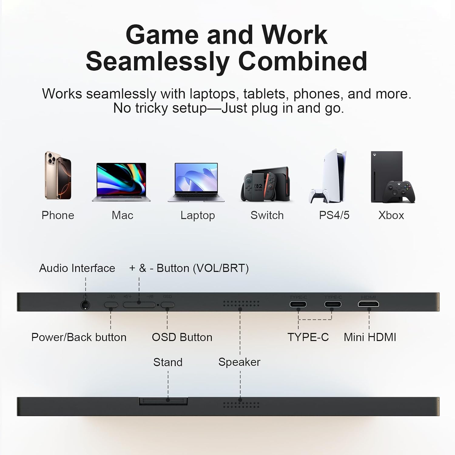 Detalle de GEESUU 15.6'' Portable Monitor: Full HD IPS Second Screen for Laptop, USB-C & Mini HDMI