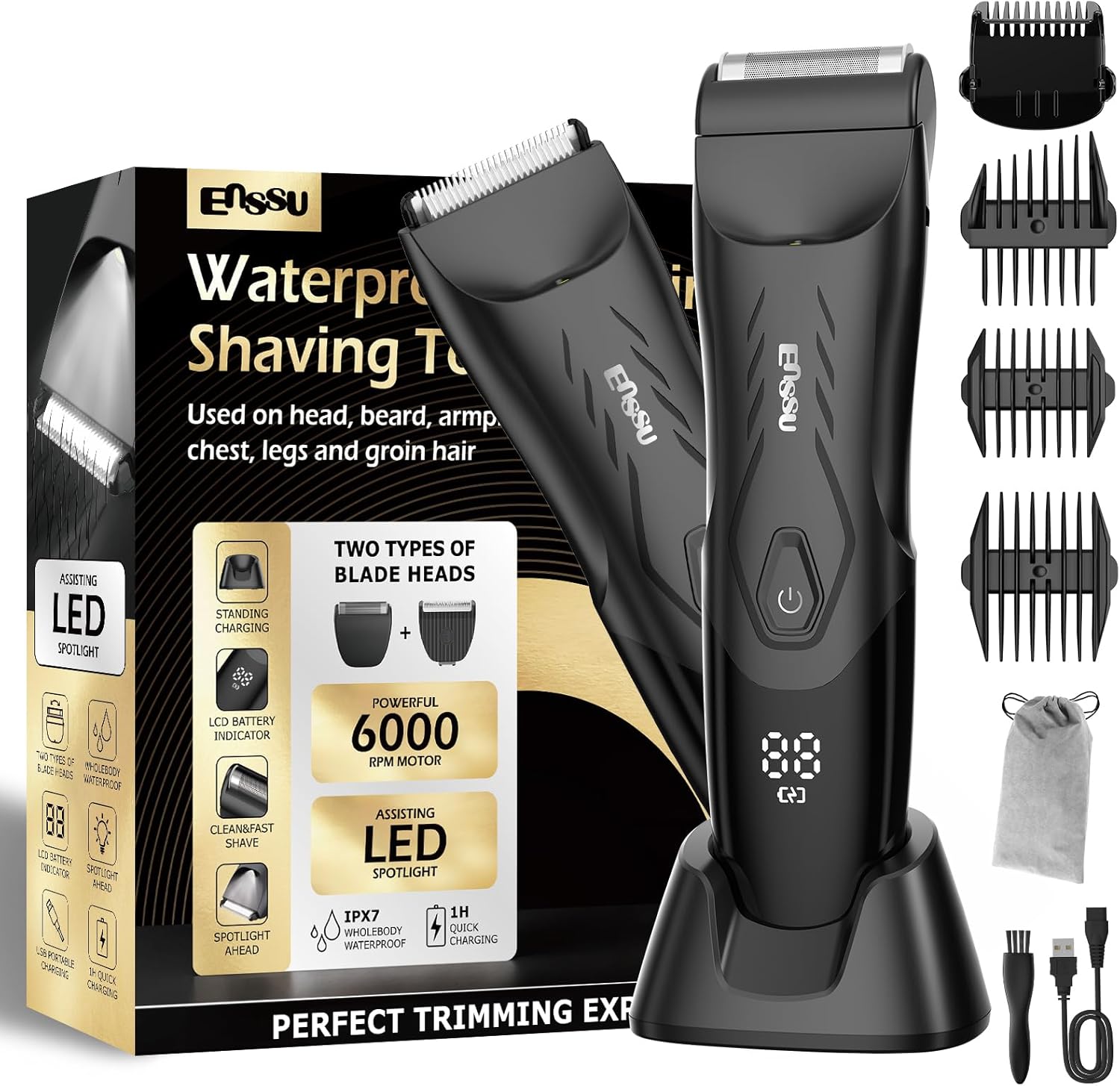 Detalle de ENSSU Manscape 2-in 1 Body Hair Trimmers for Men – Dual-Head Groomer with Foil Blade, LED Light and Dock