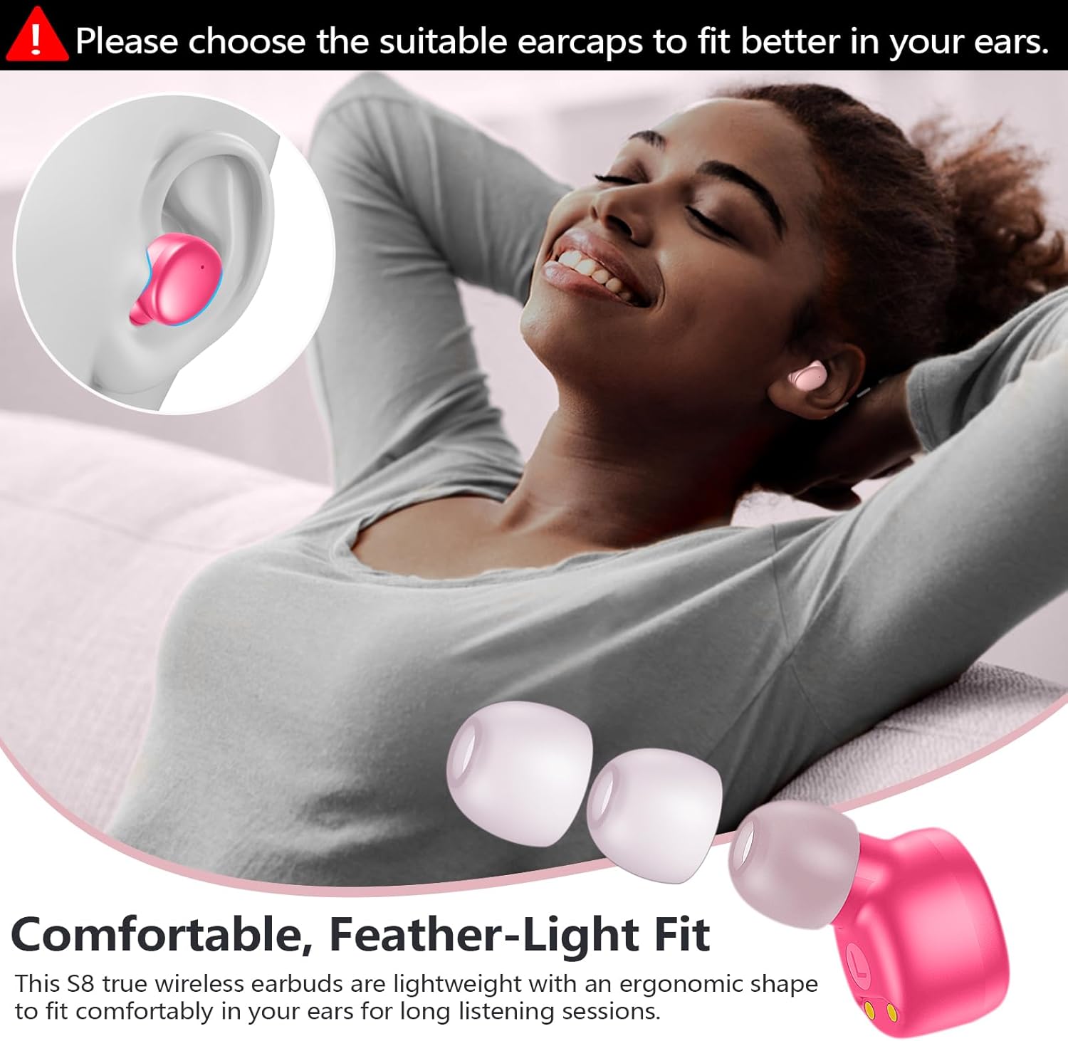 Detalle de MOZOTER S8 Wireless Earbuds, Bluetooth 5.3, 60-Hour Playtime, Angel Pink