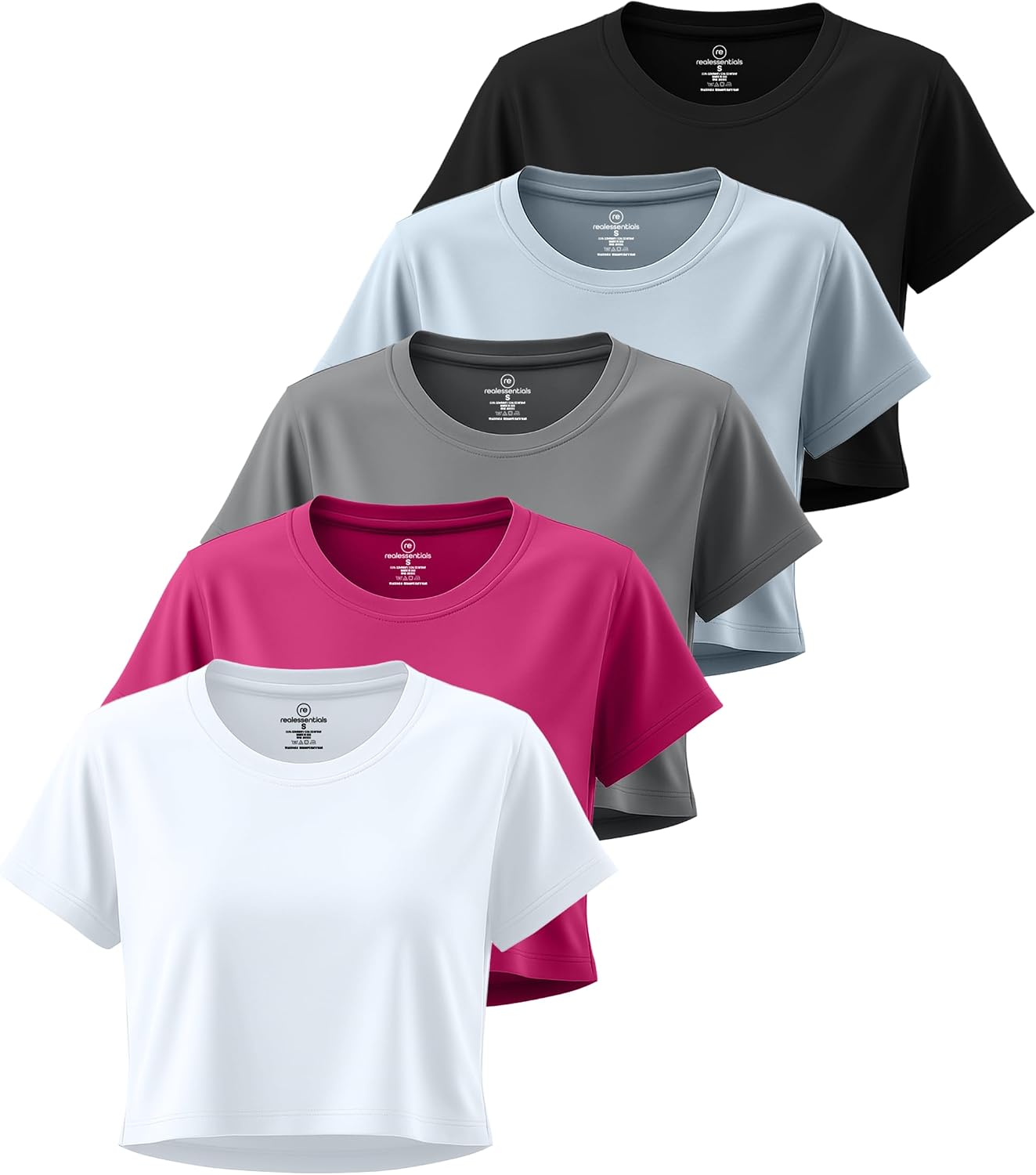 Detalle de Real Essentials 5 Pack: Women's Dry-Fit Crop Top Short Sleeve Shirts – Plus Size Available