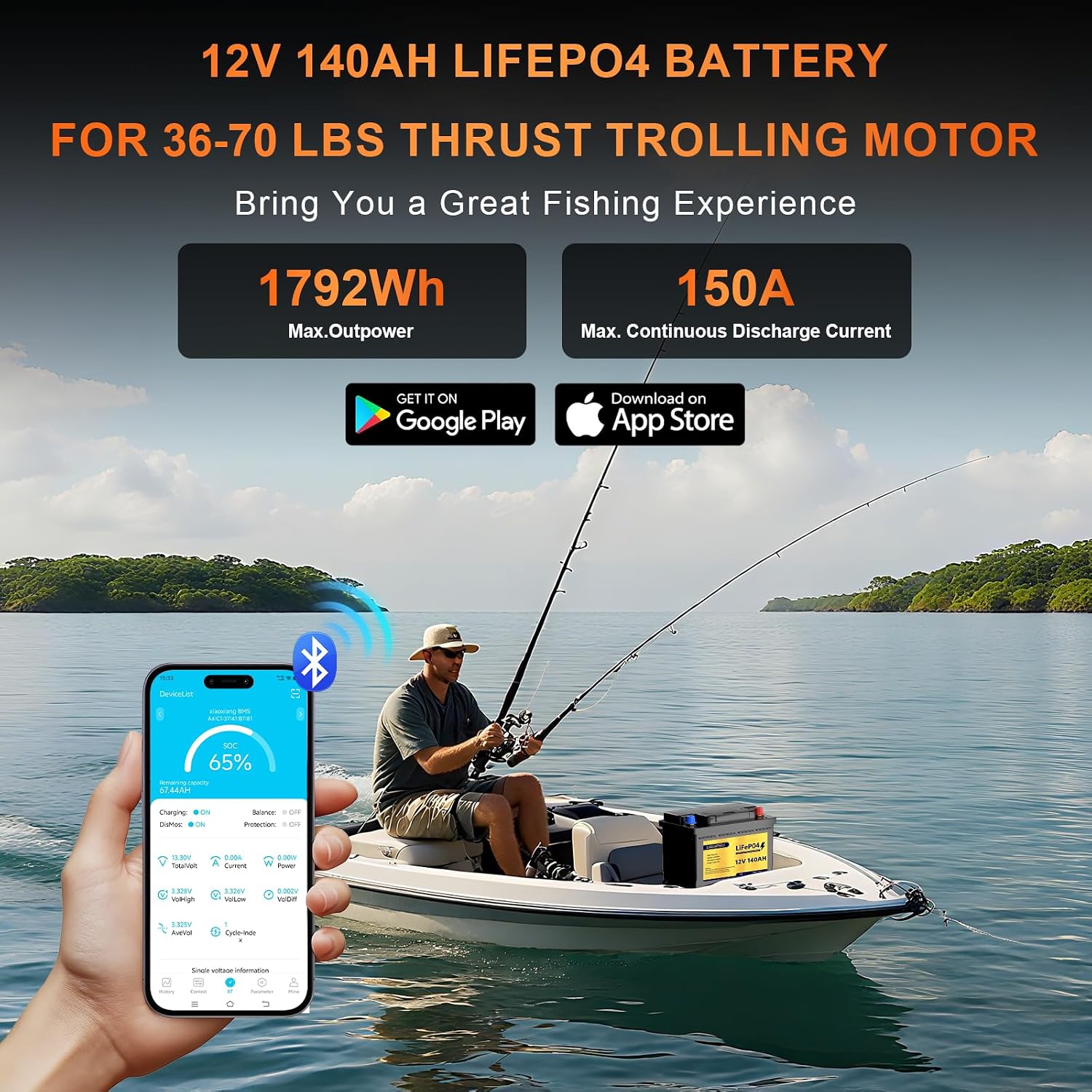Detalle de LISUATELI 12V 140Ah LiFePO4 Batterie H190 mit Bluetooth 150A BMS – Deep Cycle für Wohnmobile, Solaranlagen und Marine