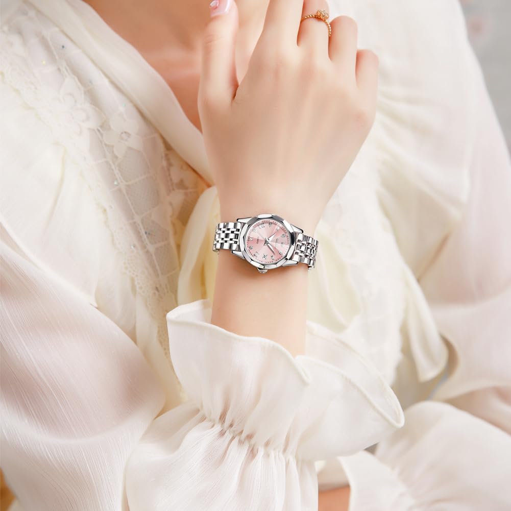 Detalle de OLEVS Damenuhr Quarz mit Diamant-Indexen, Edelstahlarmband, 30m Wasserdicht – Geschenkqualität