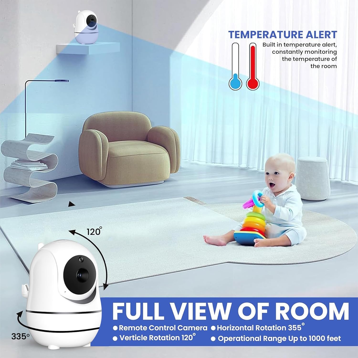Thumbnail 6 de RFAQK Non-Wifi Baby Monitor with Camera and Night Vision (1 Camera, 5-Inch Screen, 3000mAh Battery, 1000ft Range)