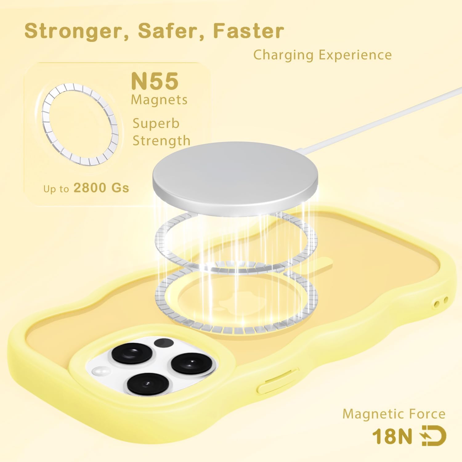 Detalle de Amzfield Magnetic Case for iPhone 15 Pro Max (Yellow) – Wavy Frame, MagSafe Compatible, Shockproof