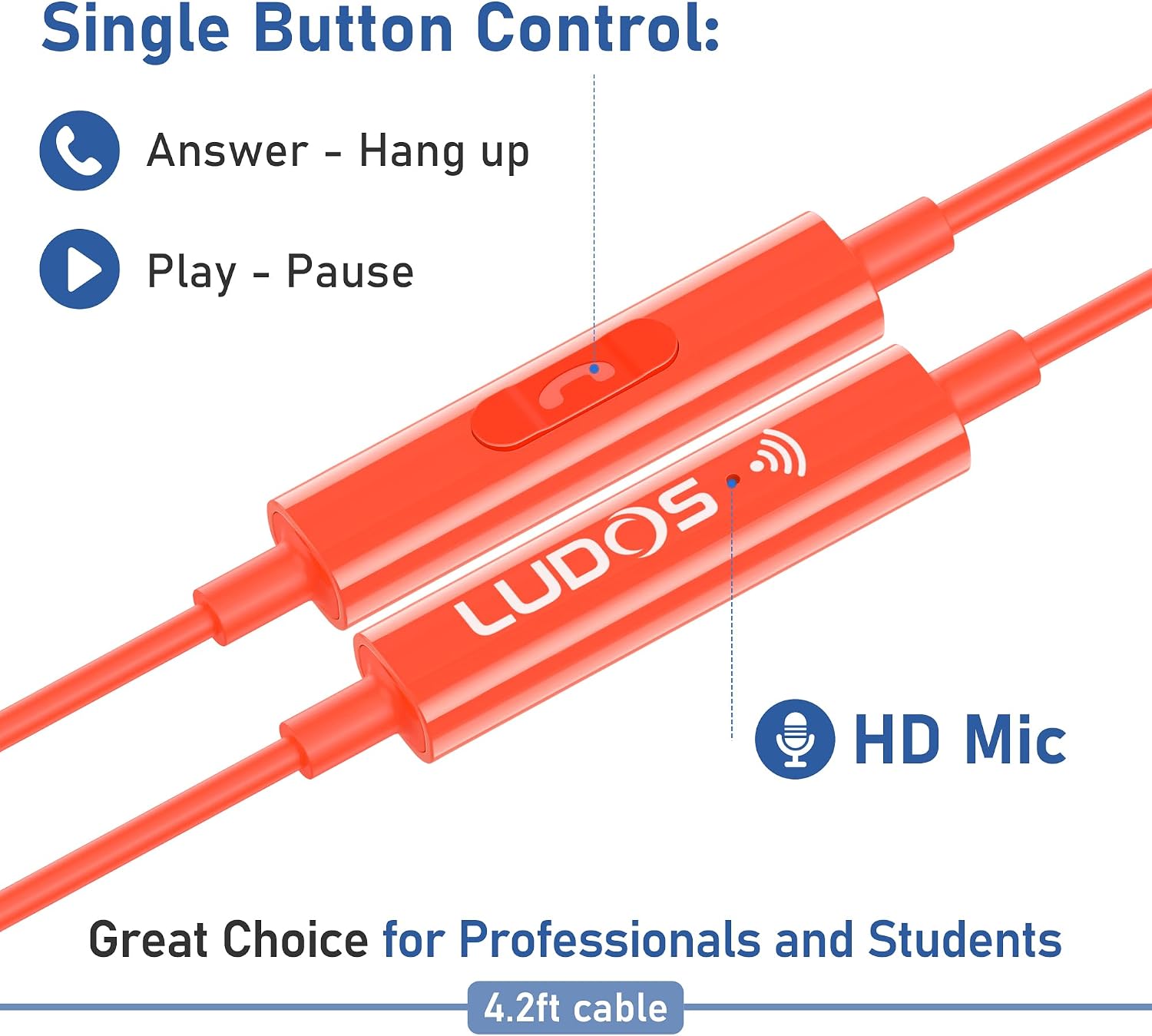 Detalle 2 de LUDOS FEROX Wired Earbuds: In-Ear Headphones with Microphone, 5-Year Warranty, 3.5mm Jack – Coral