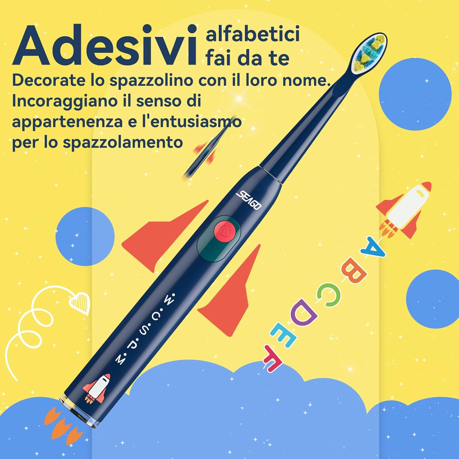 Detalle de Seago Spazzolino Elettrico Bambini 6-12 anni SG-2303 con timer, 8 testine e adesivi fai-da-te (IPX7, blu)