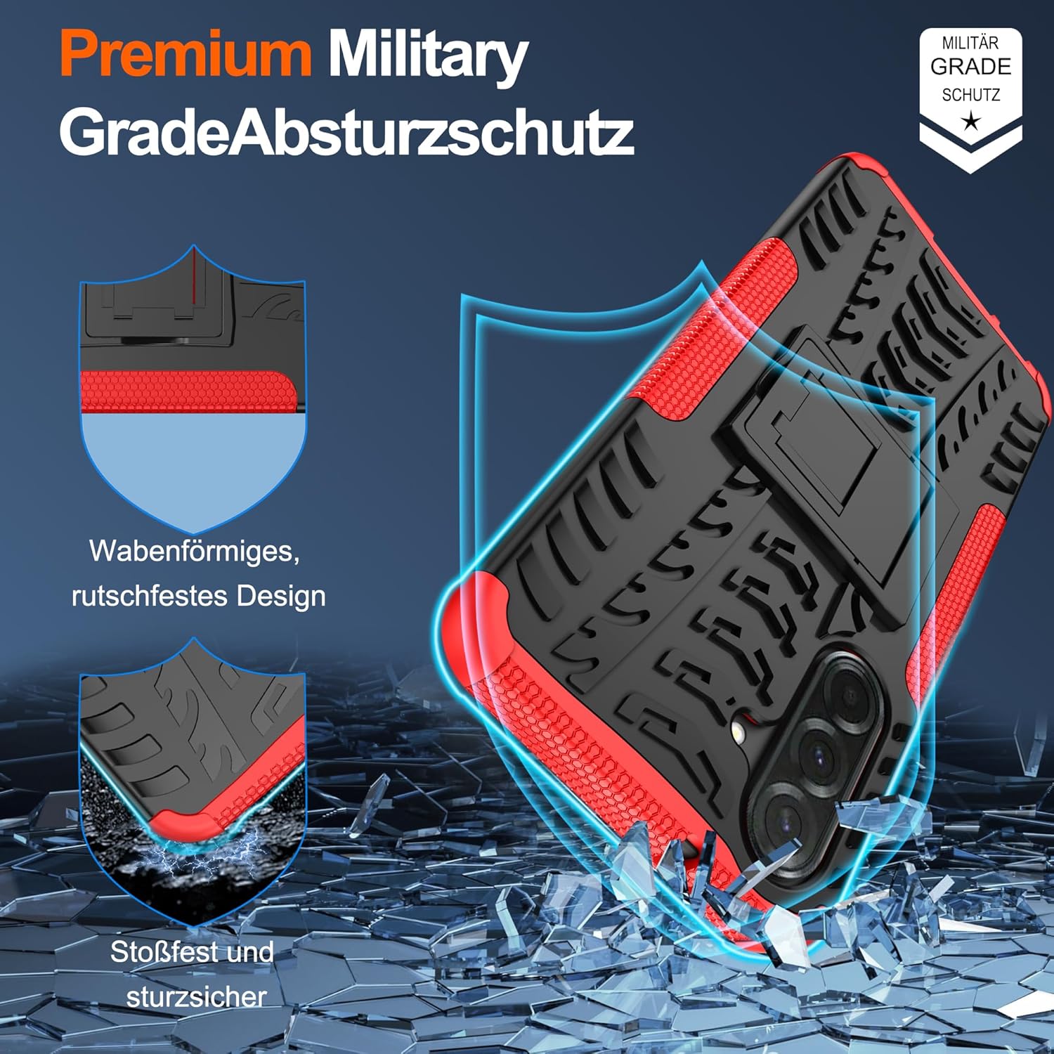 Detalle de Pilaru Handyhülle für Samsung Galaxy A36 – 360° Ständer, Militärschutz, rotes Design