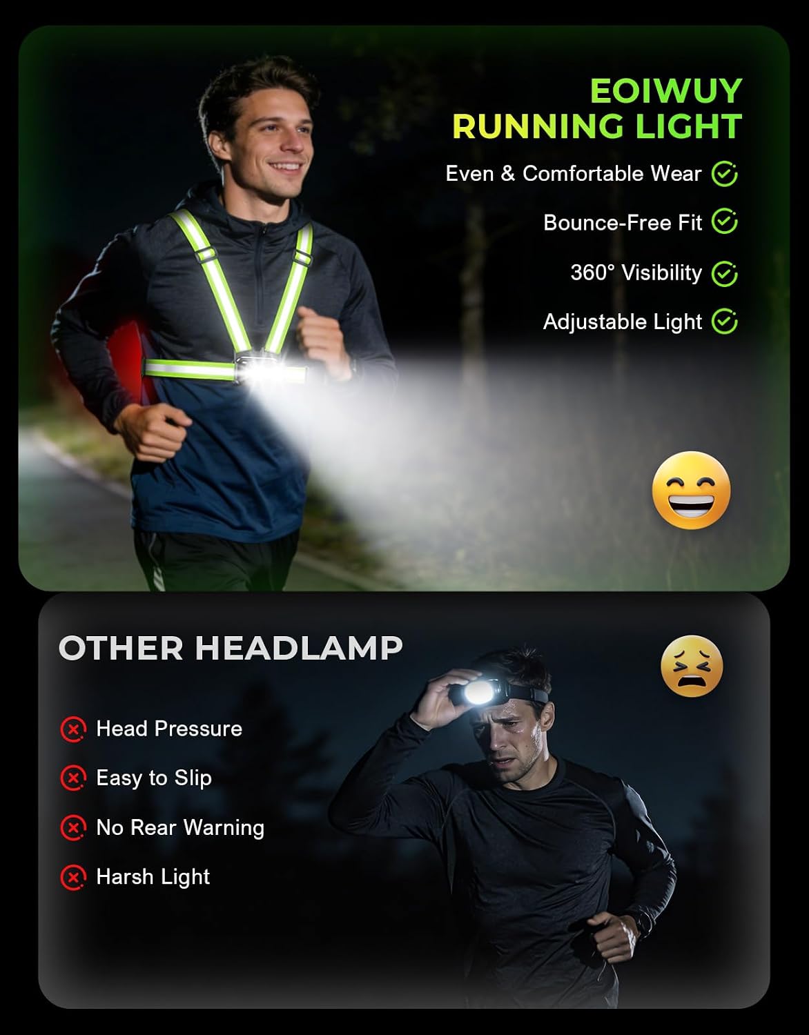 Detalle 2 de EOIWUY Running Lights for Runners with Rear Light, 800LM and 7+2 Modes (Running Torch & Reflective Vest)