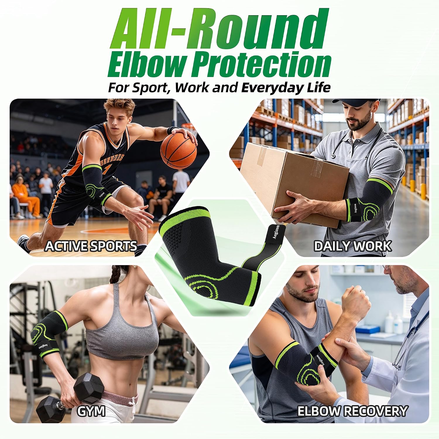 Thumbnail 6 de Aegizon ElbowB-E13-S-BlackGreen Elbow Brace, Size S, Adjustable Nylon Support