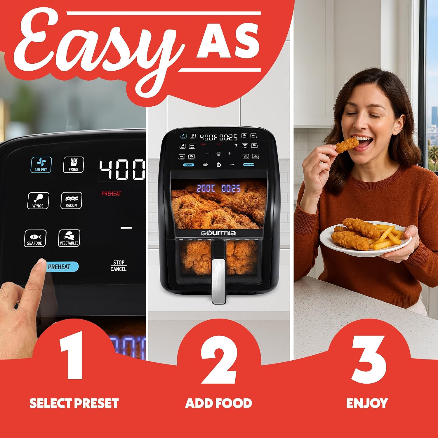 Detalle de Gourmia 7 Qt Air Fryer with Easy View Panorama Window, Interior Light, and Guided 12 Presets