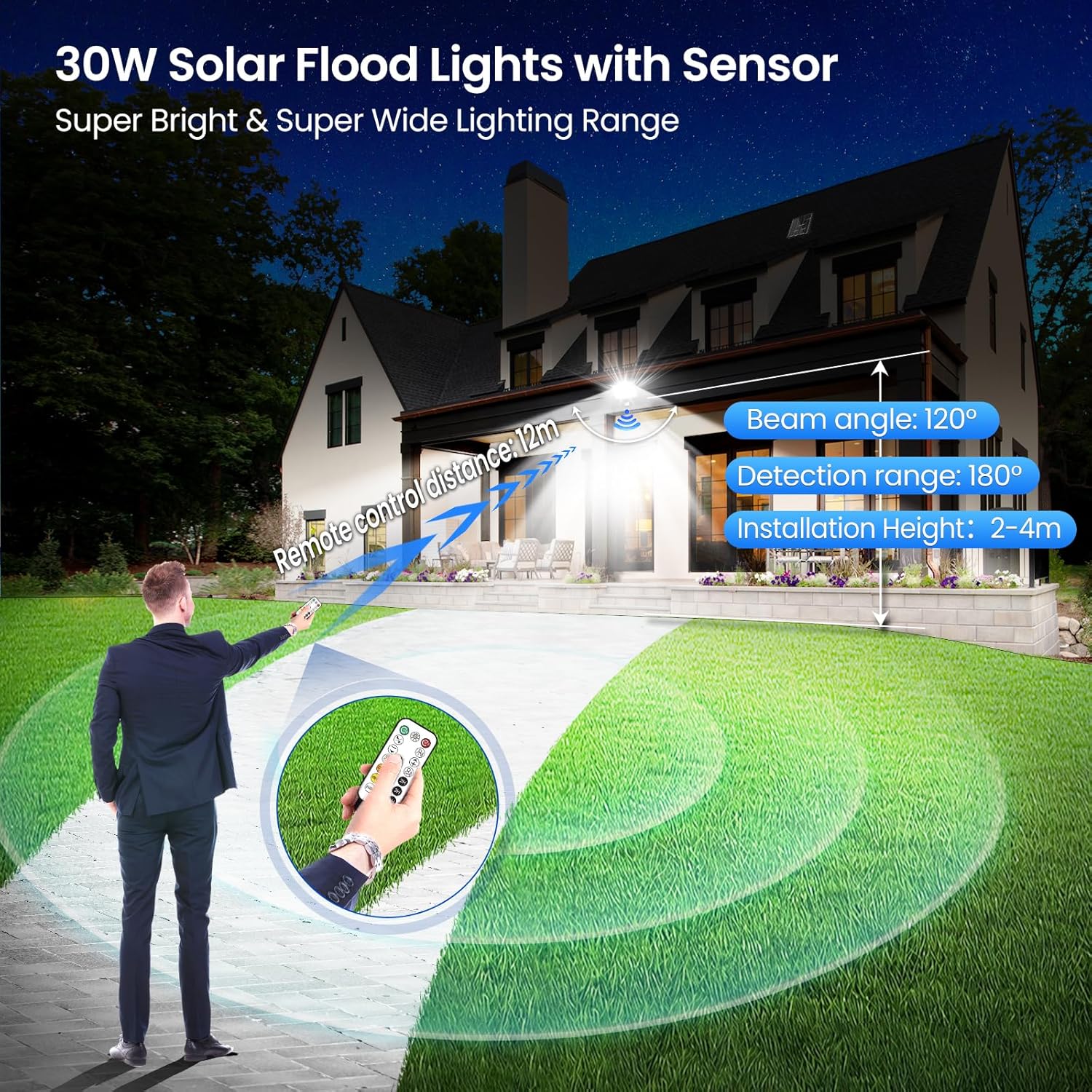 Thumbnail 4 de Linke 30W Solar Flood Lights Outdoor Motion Sensor (IP66) with Remote Control