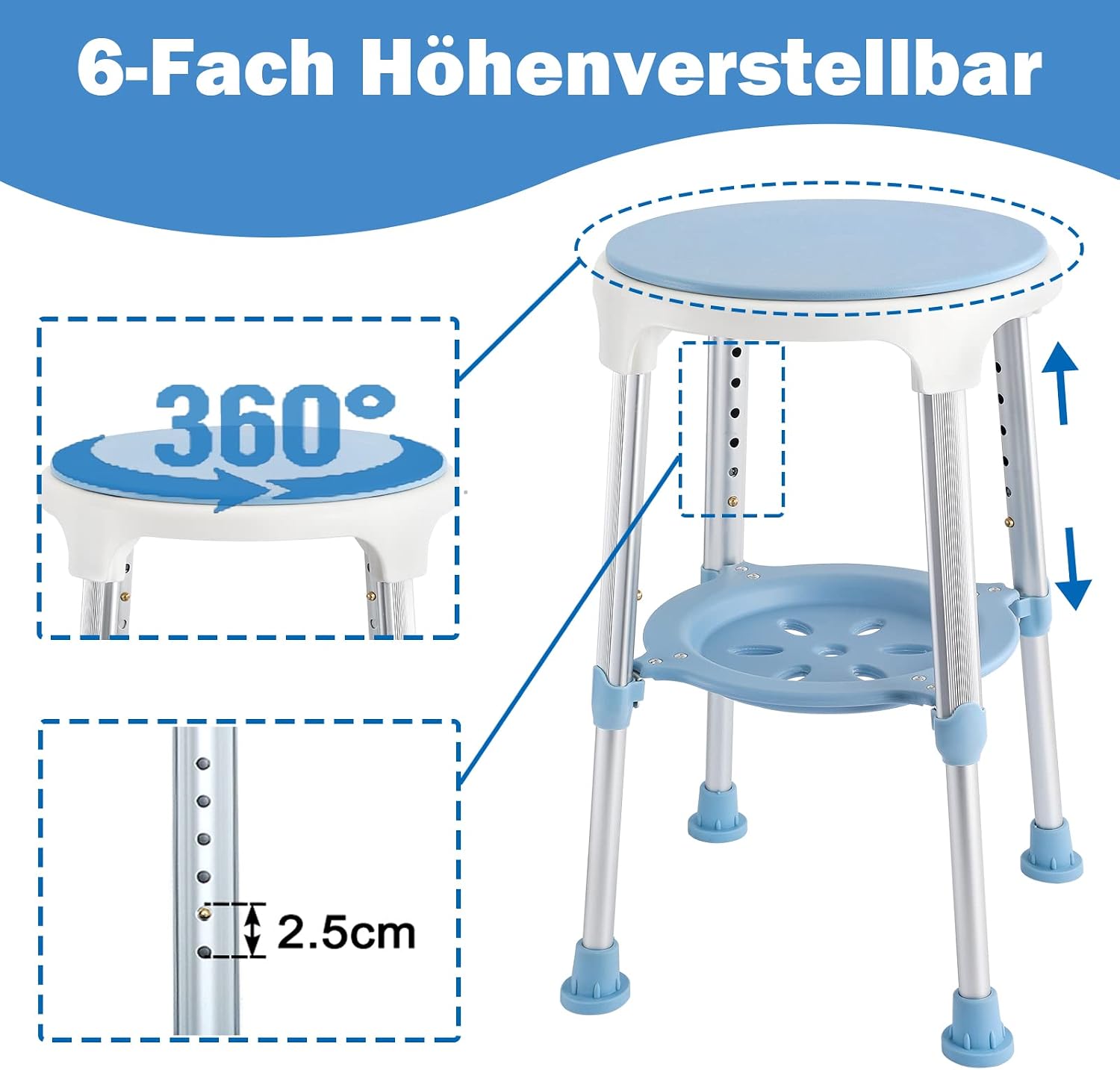 Detalle de UISEBRT HAG1326 roterbar duschpall med justerbar höjd och avtagbar hylla