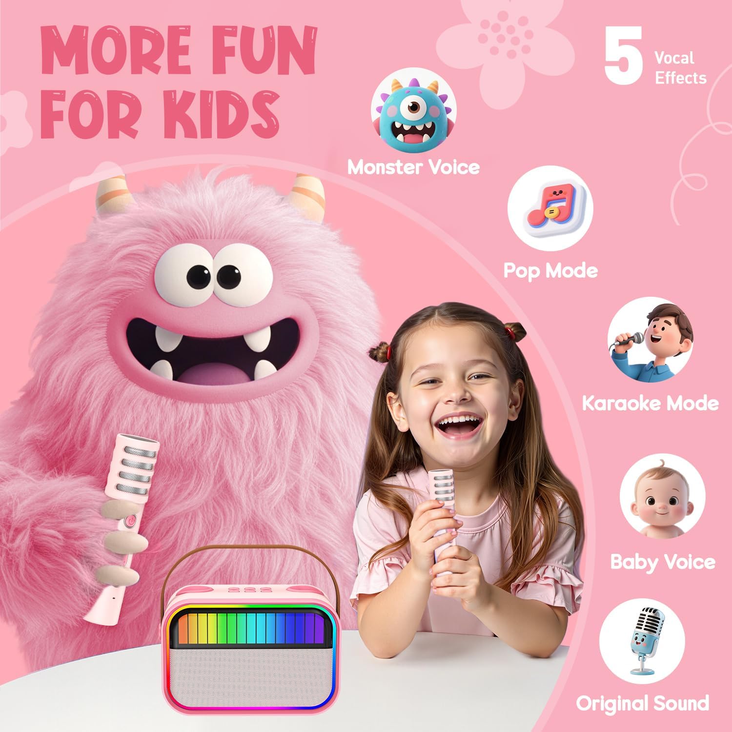 Thumbnail 3 de Ankuka Kids & Adults Karaoke Machine with Bluetooth Speaker and 2 Wireless Microphones (Pink)