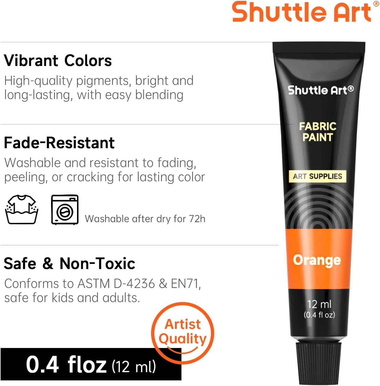 Detalle 2 de Shuttle Art waschmaschinenfeste Textilfarbe (15 x 12 ml) im Set mit 3 Pinseln – zum Bemalen & Färben von Stoffen