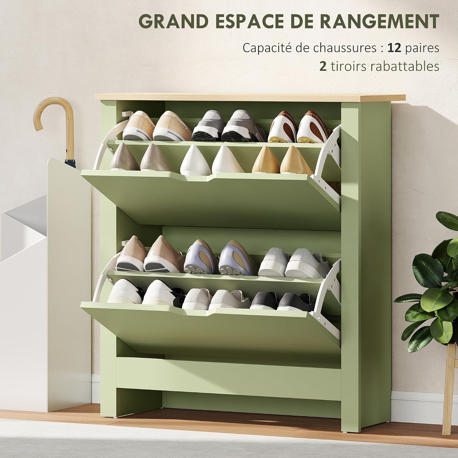 Detalle 2 de HOMCOM Meuble à chaussures étroit 12 paires avec 2 tiroirs rabattables et étagères réglables (72 x 26 x 80 cm)