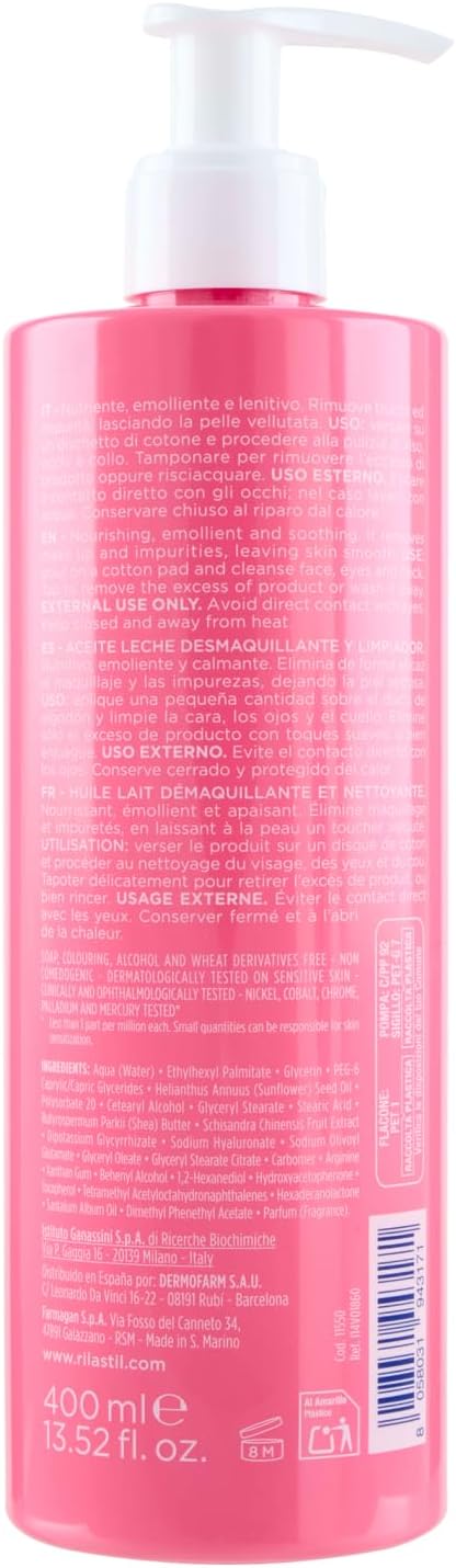 Detalle 2 de Rilastil Skin Reset Olio Latte Struccante Detergente 400 ml — Detergente nutriente, emolliente e lenitivo con Burro di Karité, Omega 6-9 e Acido Ialuronico