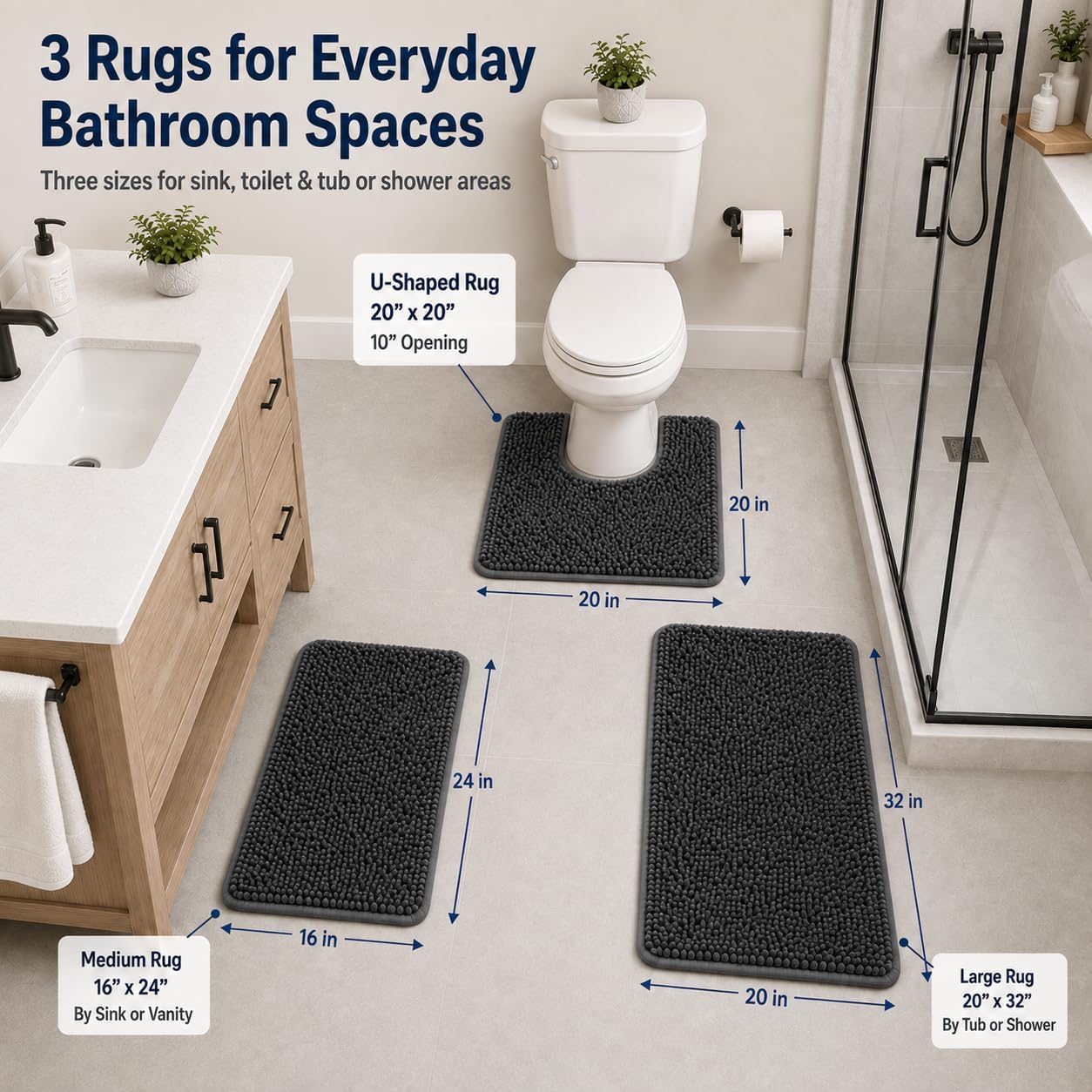 Detalle de 3-Piece Chenille Bathroom Rug Set with Non-Slip PVC Backing (Small U-Shape + Large Mats)