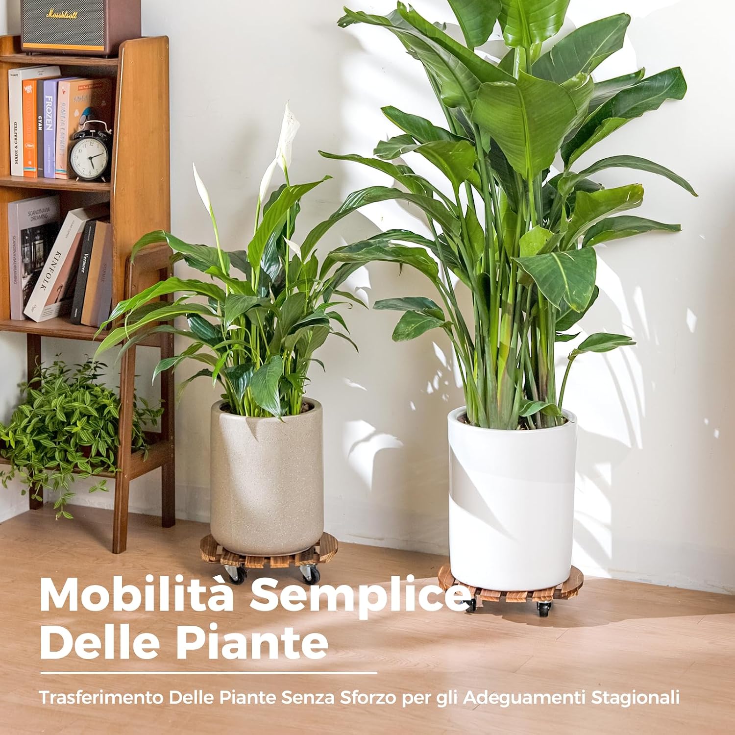 Detalle de Bamworld Porta Piante da Interno con Ruote – Set di 2 Basi Rotonde in Legno per Vasi Grandi