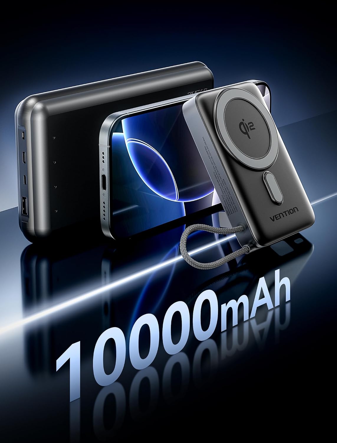 Detalle 2 de VENTION Powerbank MagSafe 10000mAh Qi2 15W con USB-C PD 35W: ricarica magnetica, display LED e cavo integrato