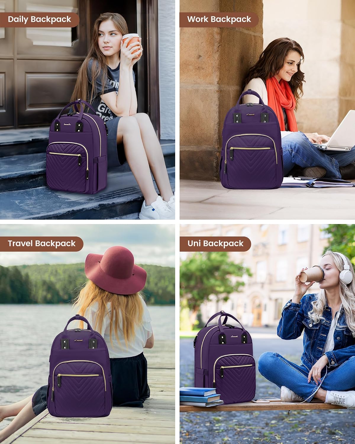 Detalle de LOVEVOOK Women’s Backpack for 15.6-inch Laptops (Purple) – Anti-theft Travel & Work Rucksack