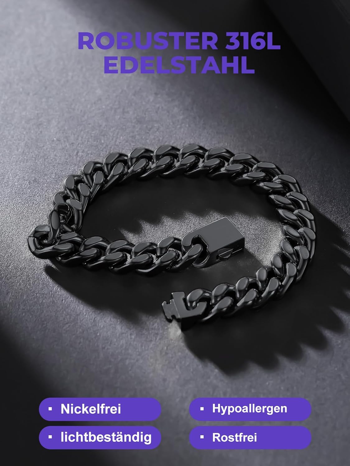 Thumbnail 3 de Richsteel Armband Herren Edelstahl Armreif Kubanisch – Knebelverschluss, 21 cm, 9 mm Breite, Schwarz