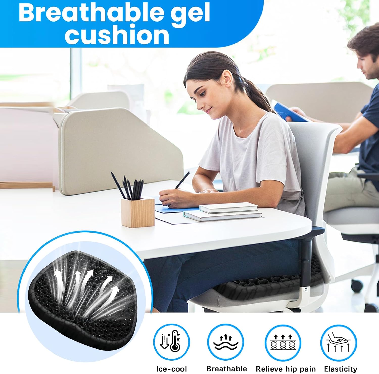 Thumbnail 4 de Wenisuow Gel Seat Cushion with Cover (Double Thick Egg Cushion, Black) for Office, Car, Home & Wheelchair
