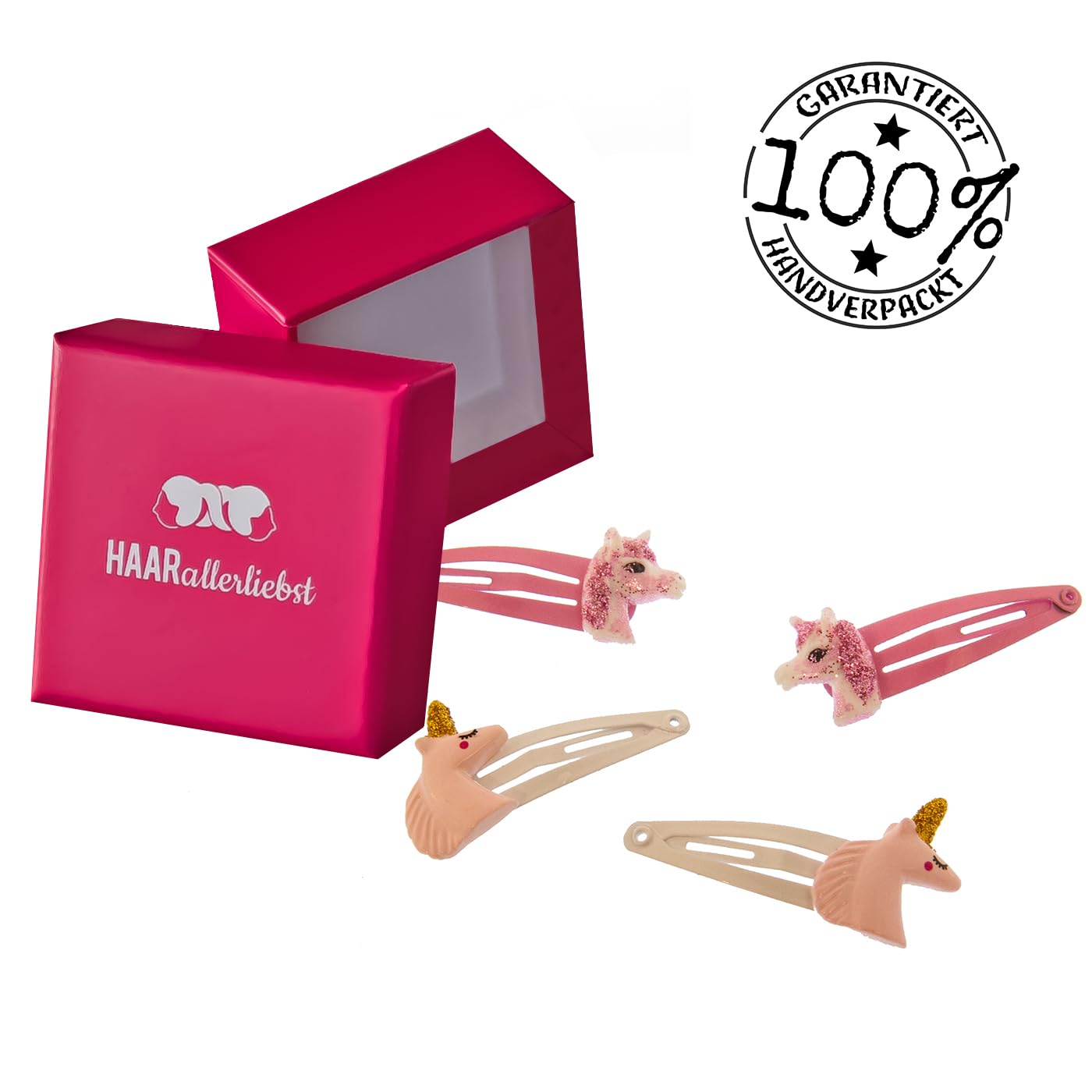 Detalle de Haarallerliebst Haarspangen Set für Kinder – 4 Stück Einhörner mit Glitzer inkl. Aufbewahrungsbox weiss