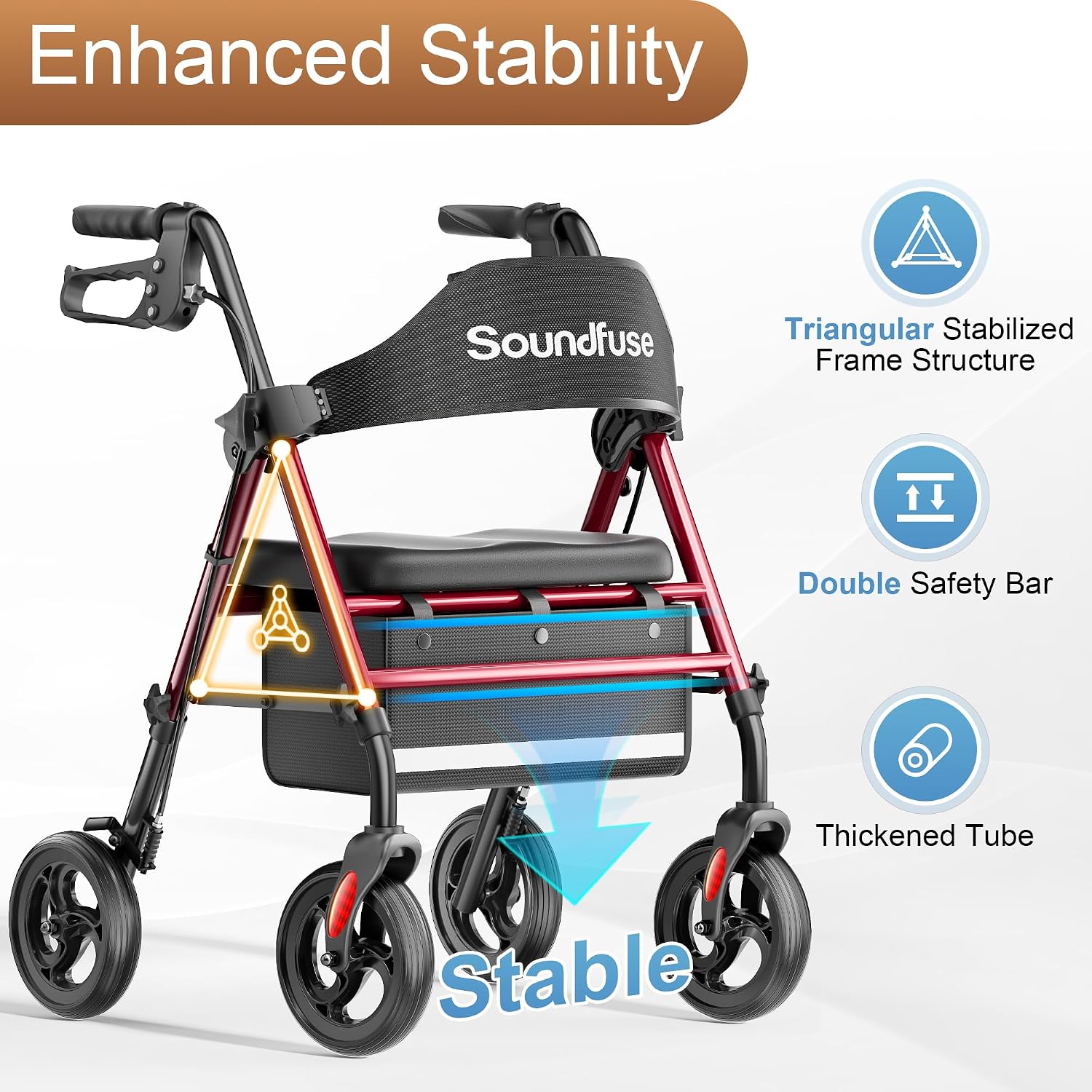 Detalle de soundfuse Foldable Rollator Walker with 16-Inch Arc Seat and 8-Inch Wheels