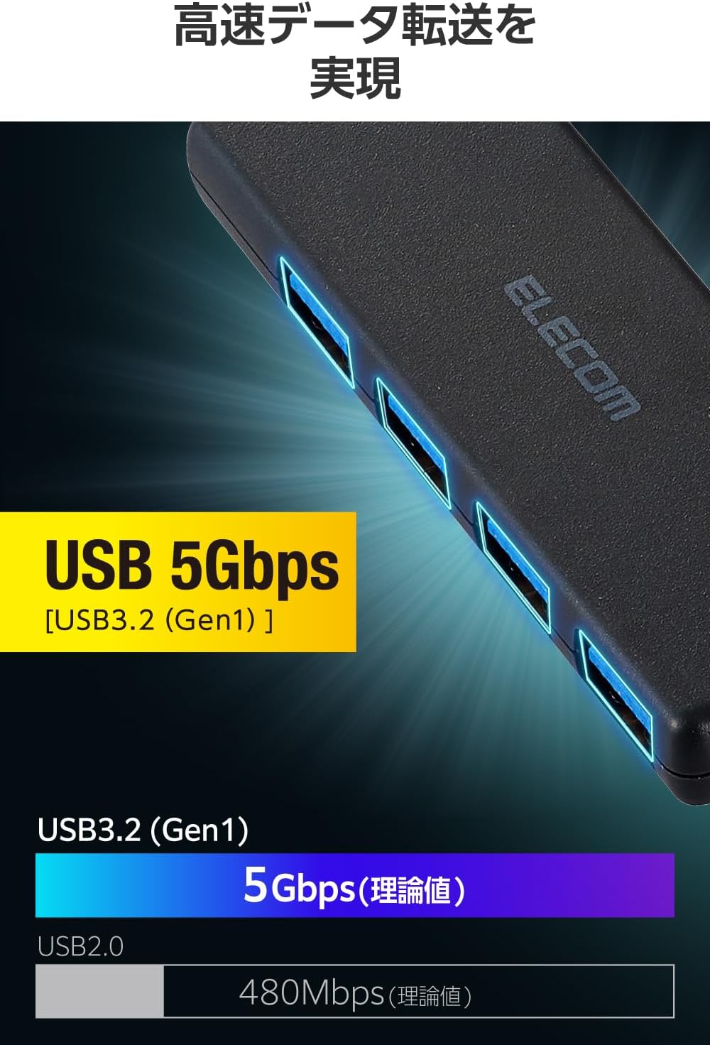 Detalle de エレコム U3H-H044BK/E USBハブ USB-A接続・4ポート、USB 5Gbps対応、150cmケーブル