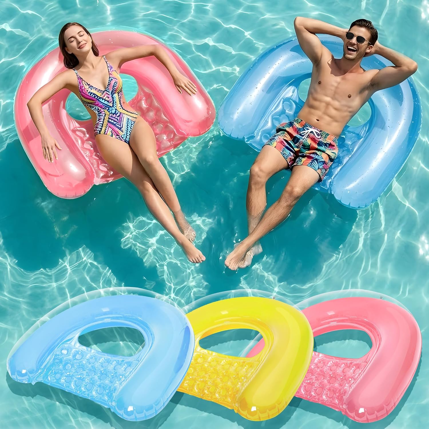 Detalle de PuppyuWill 3-Pack Adult Pool Float Chair Loungers (52 x 38 in) — Minimalist U-Shaped Inflatable Pool Floats