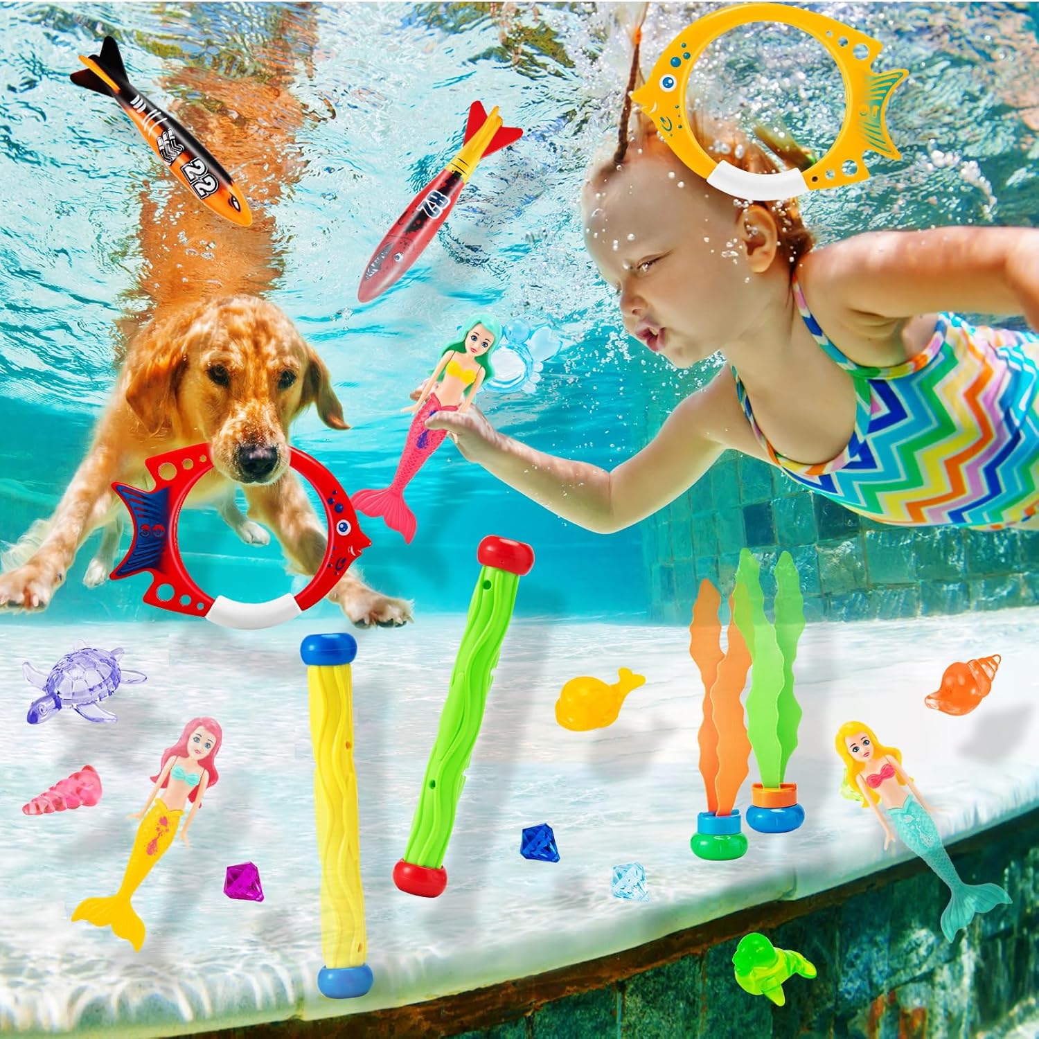 Thumbnail 2 de Vinitoy Tauchspielzeug-Set (24-teilig) mit Tauchringen, Meerjungfrauen & Edelsteinen für Kinder ab 5 Jahren inkl. Tragetasche