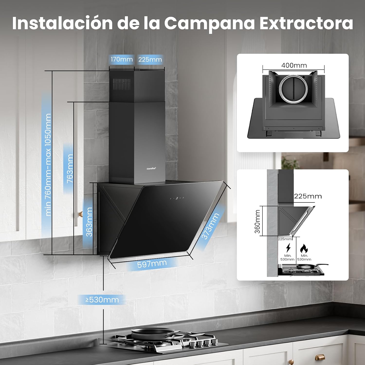 Thumbnail 6 de COMFEE' ANGJ64B-60 Hotte inclinée 60 cm en Verre Trempé Noir – LED, 3 vitesses, recyclage ou évacuation