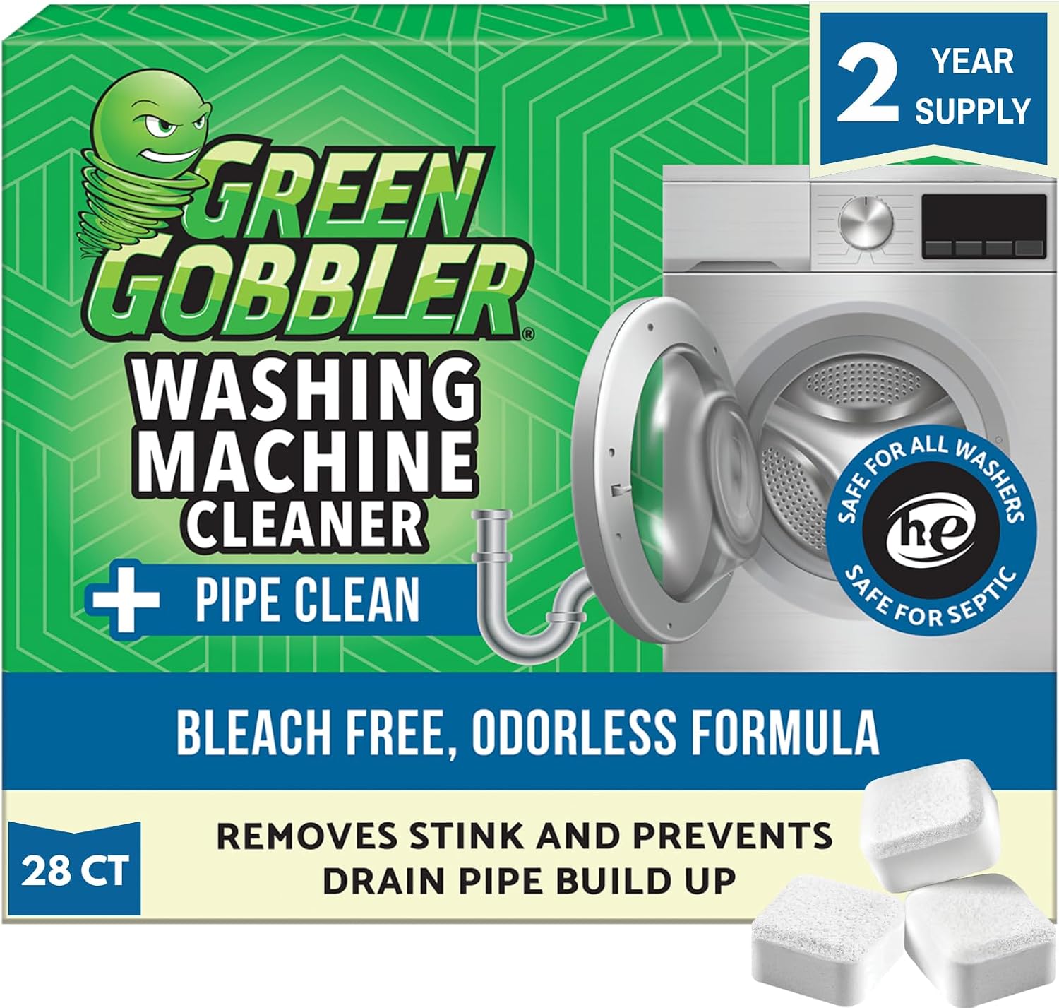 Detalle de Green Gobbler G8075 Washing Machine Cleaner Tablets, 28 Count, Pipe & Drain Care