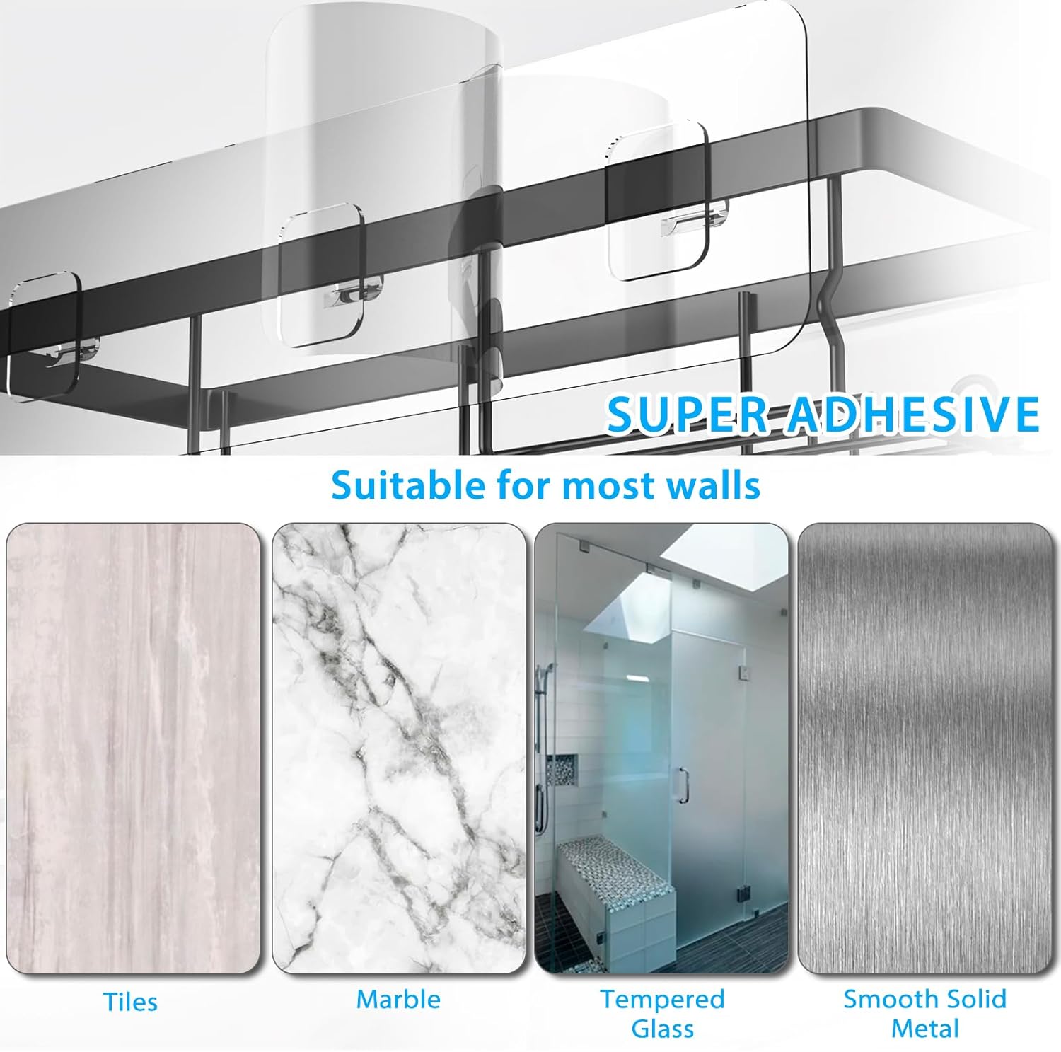 Thumbnail 4 de DIFULI Shower Caddy Shelf Organiser 2 Pack (No Drill) – Black self-adhesive shower shelves