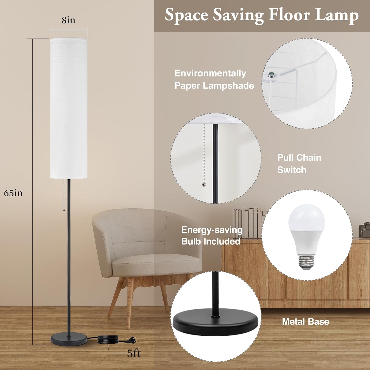 Detalle de GyroVu 65” Standing Floor Lamp for Living Room with Paper Lantern Shade