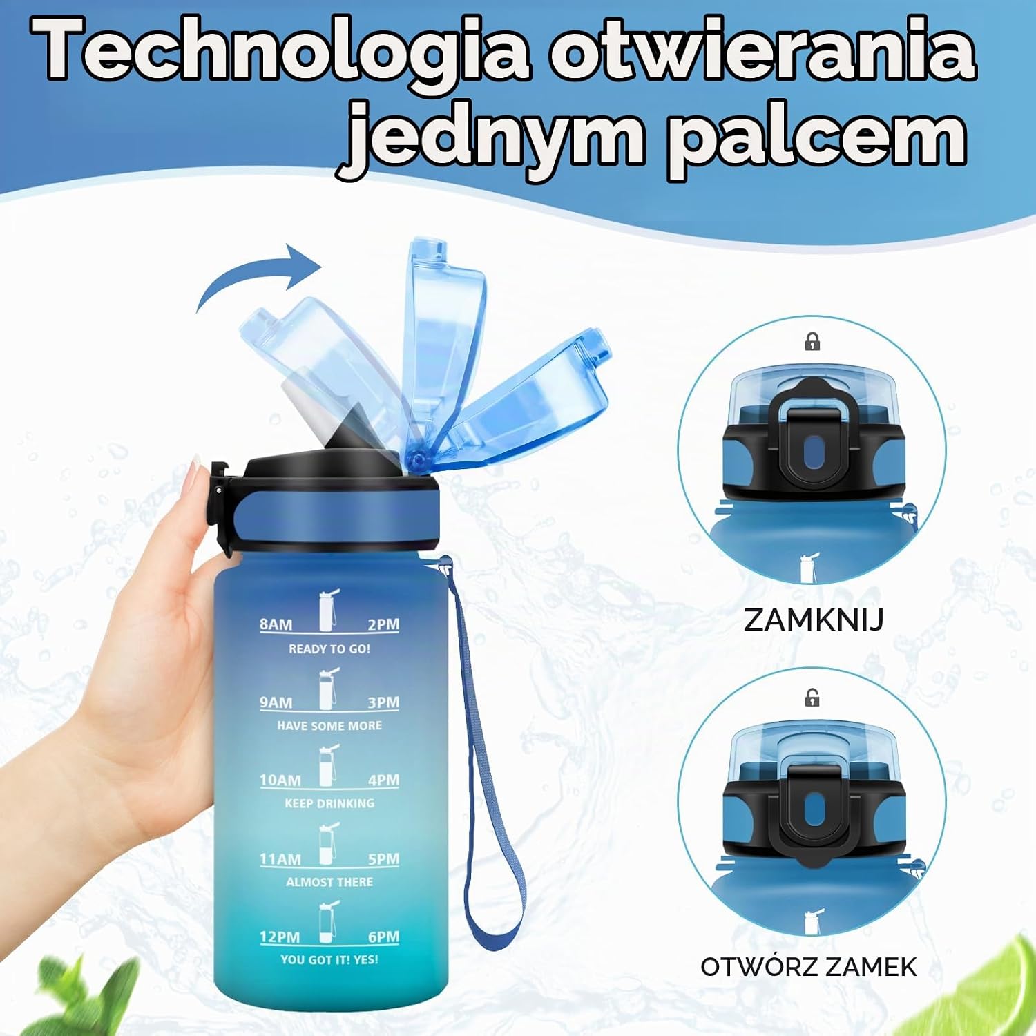 Detalle de KollyKolla TY-SYXZG-500ML-JB-Blue-Green – butelka sportowa 500 ml ze słomką i znacznikiem czasu