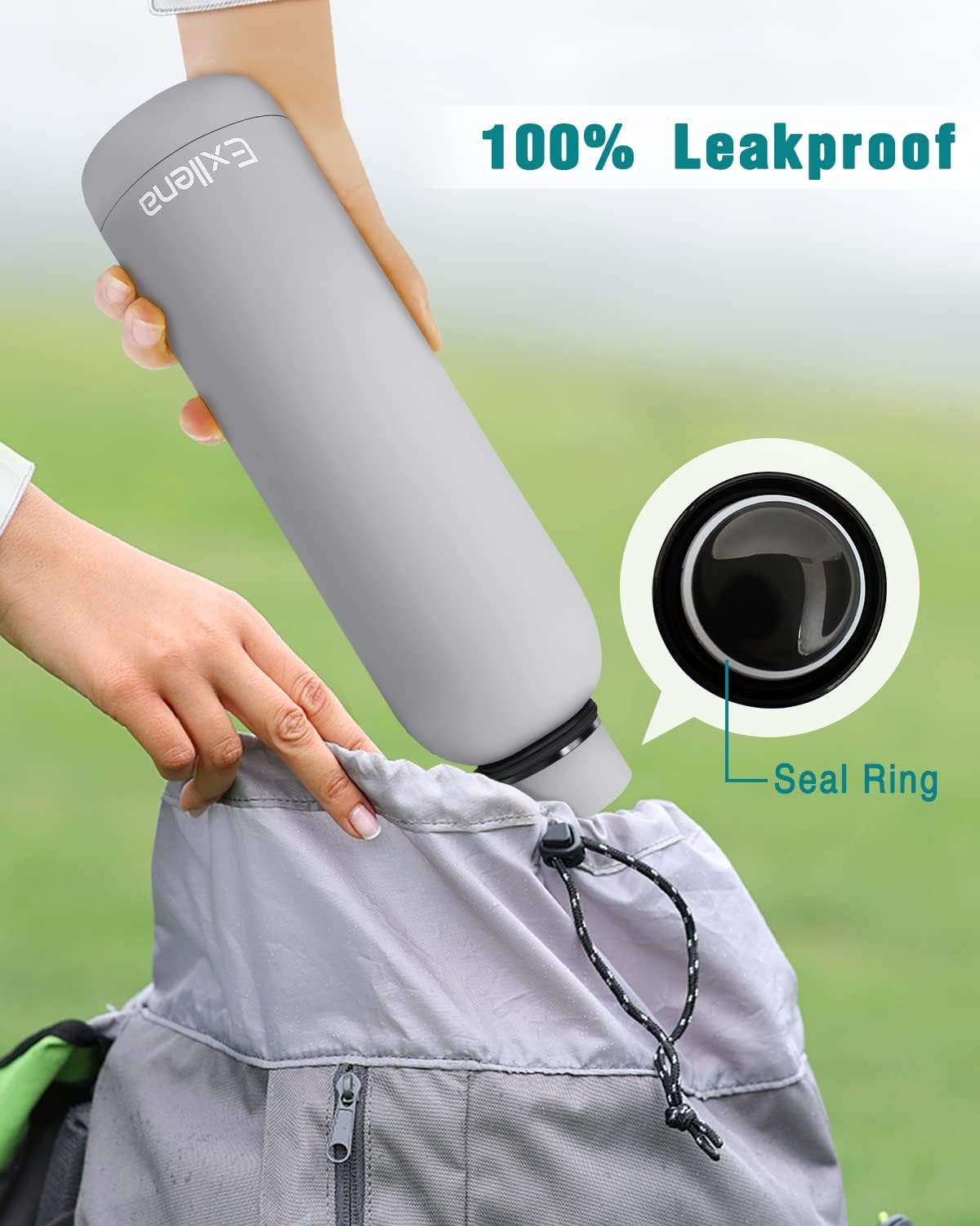 Thumbnail 3 de Exllena insulated water bottle 500ml with clip – double-wall vacuum drinks bottle (grey)