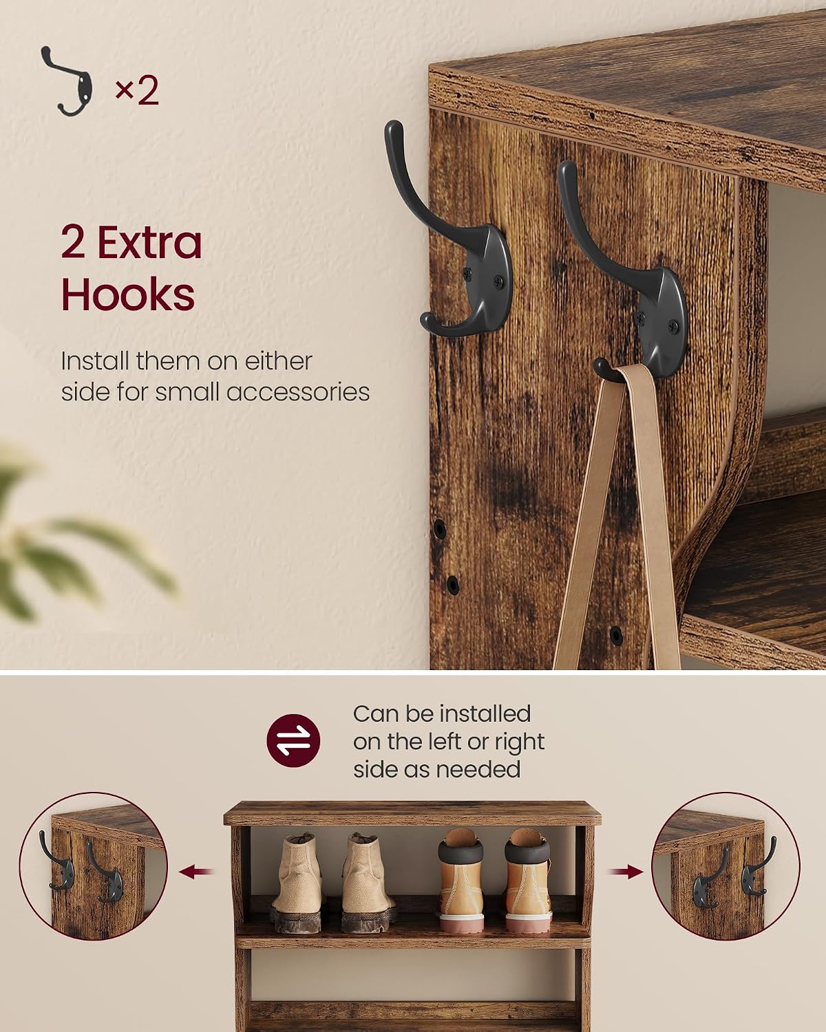Thumbnail 5 de VASAGLE ULBS220KD01 7-Tier Shoe Rack, Slim Rustic Brown Organizer with Hooks