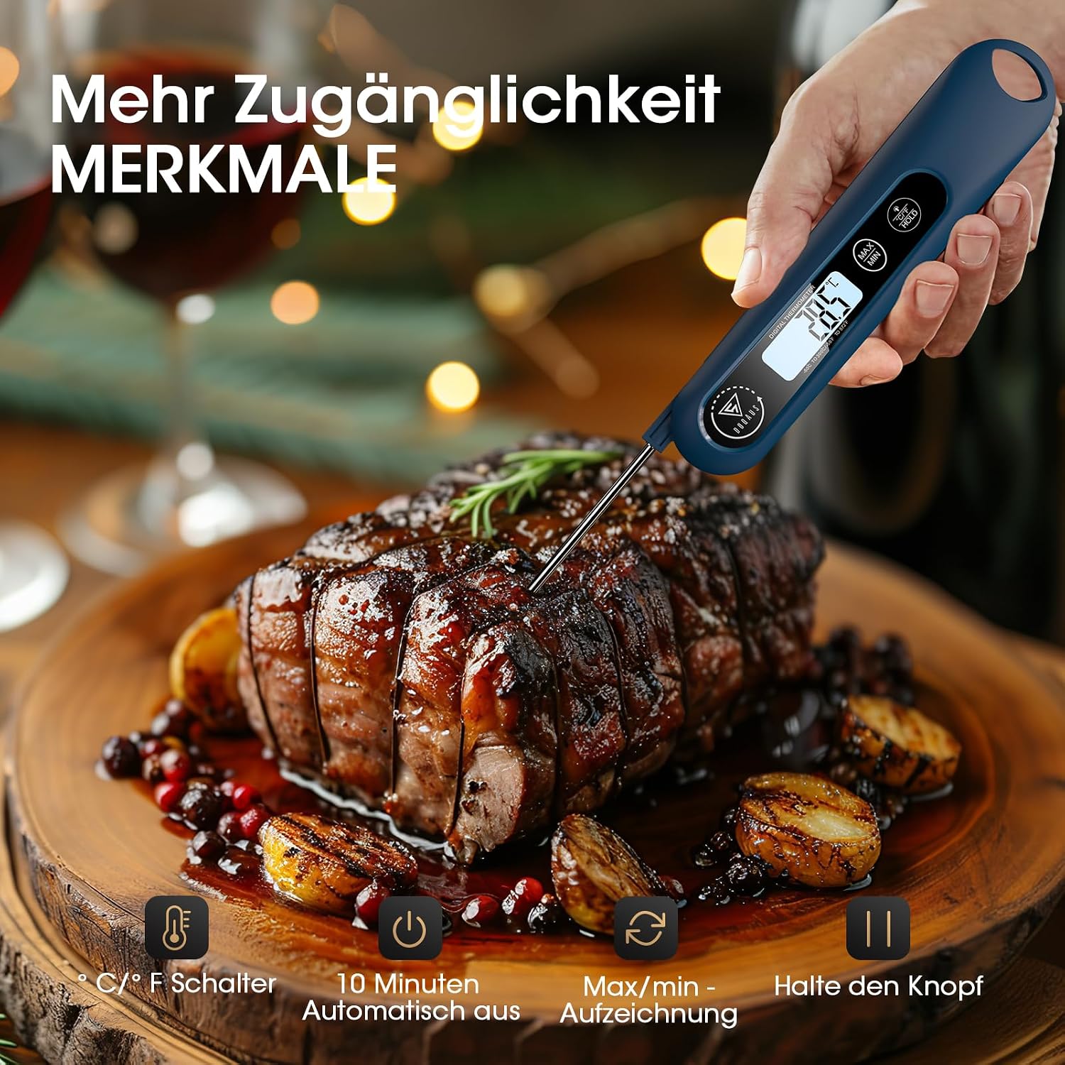 Detalle de DOQAUS Grillthermometer digitales Bratenthermometer mit 3‑Sekunden-Messung und langer Edelstahlsonde – Navyblau