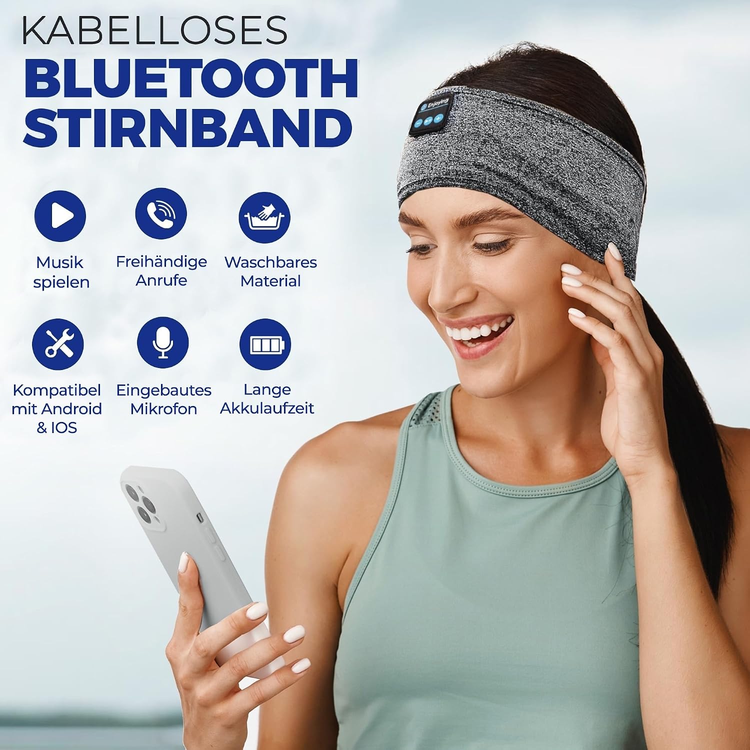 Detalle 2 de Bluetooth Sport Stirnband 10 Stunden Grau