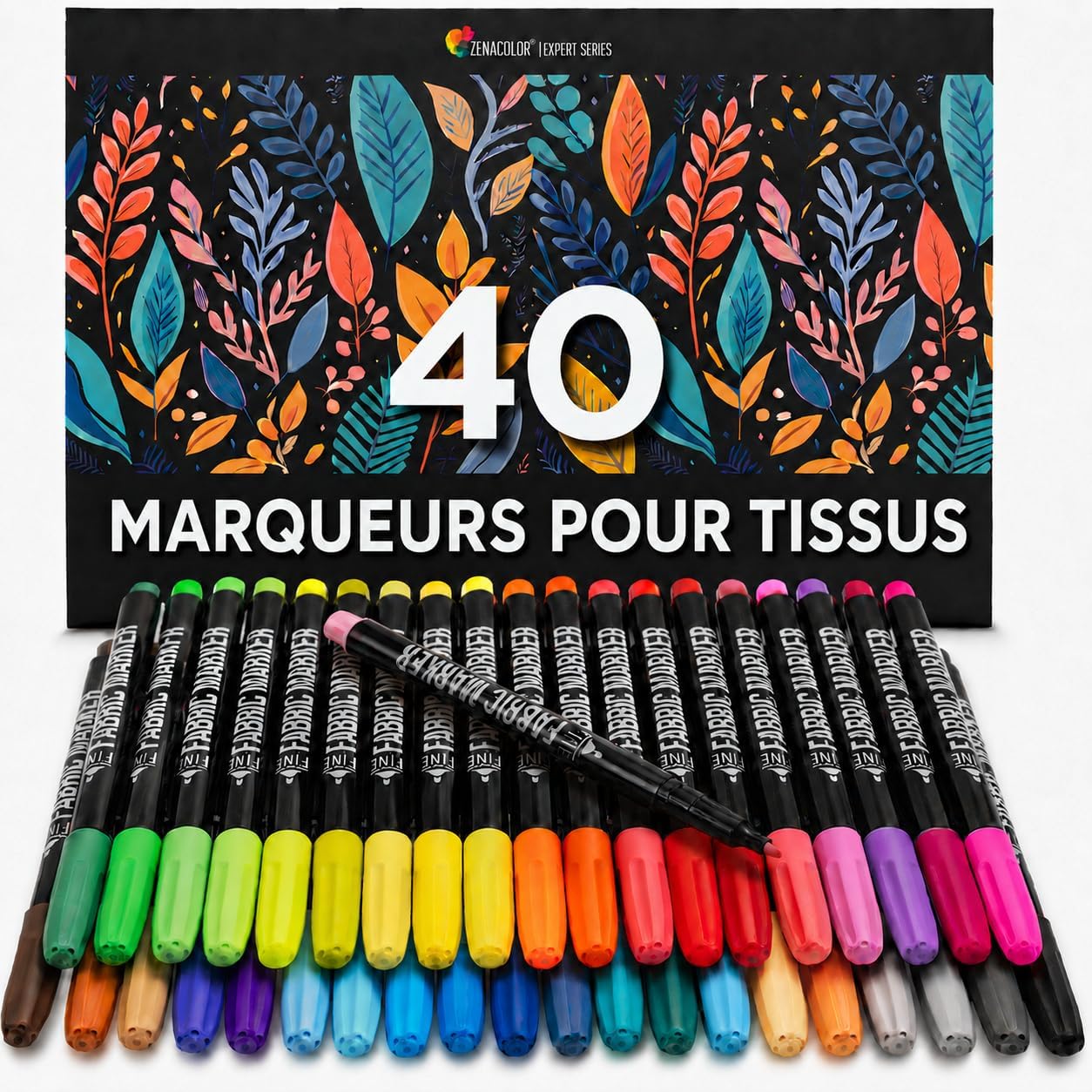 Zenacolor 40 Marqueurs Textile et Tissu – Feutres textiles non toxiques, permanents et pointe fine