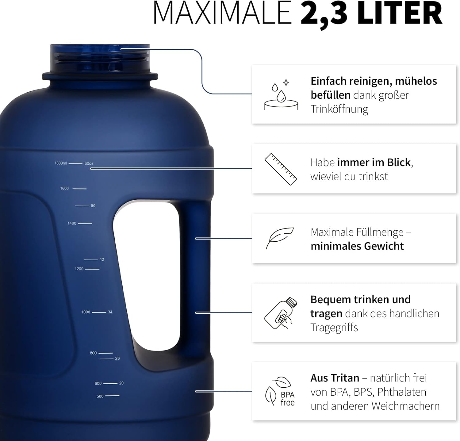 Detalle de 720°DGREE borraccia fitness con manico uberBottle da 2300 ml, senza BPA
