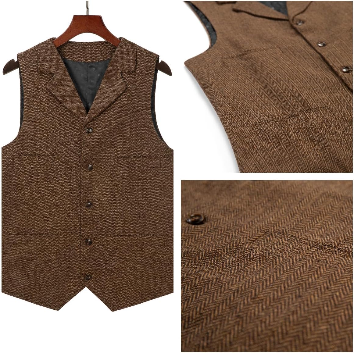 Detalle de AeoTeokey Classic Wool Tweed Waistcoat – Herringbone Vest for Formal Wear