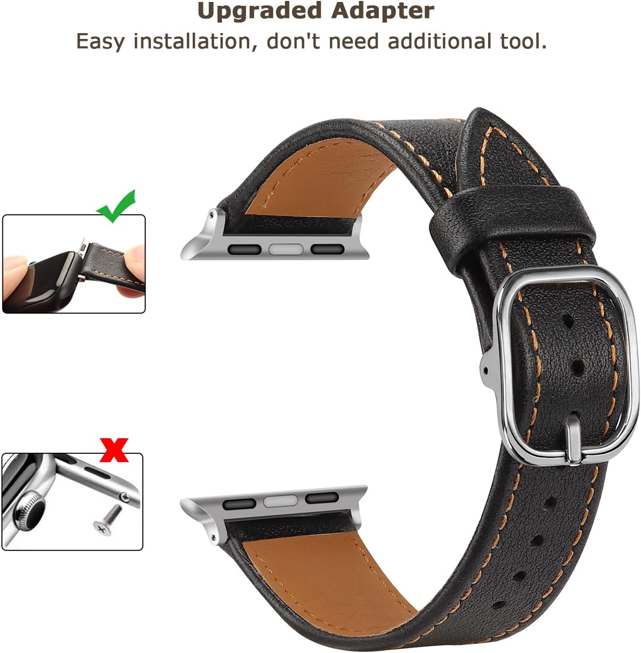 Detalle 2 de Tasikar Leather Watch Strap for Apple Watch (49mm/45mm/44mm/42mm/41mm/40mm/38mm) with Square Buckle – Black