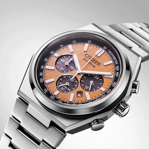 Detalle de Citizen Reloj CA4610-85Z Eco-Drive: cronógrafo de titanio con esfera naranja y taquímetro