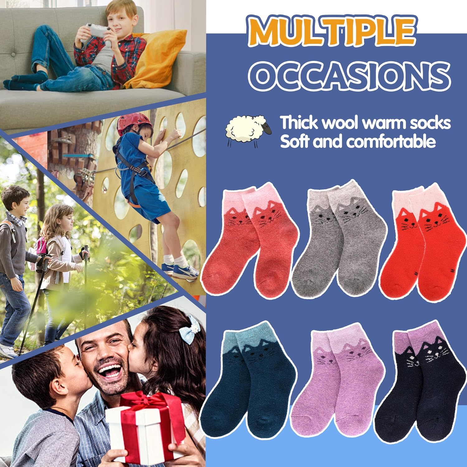 Detalle de ANTSANG Kids Merino Wool Hiking Socks, 6-Pair Crew Boot Socks