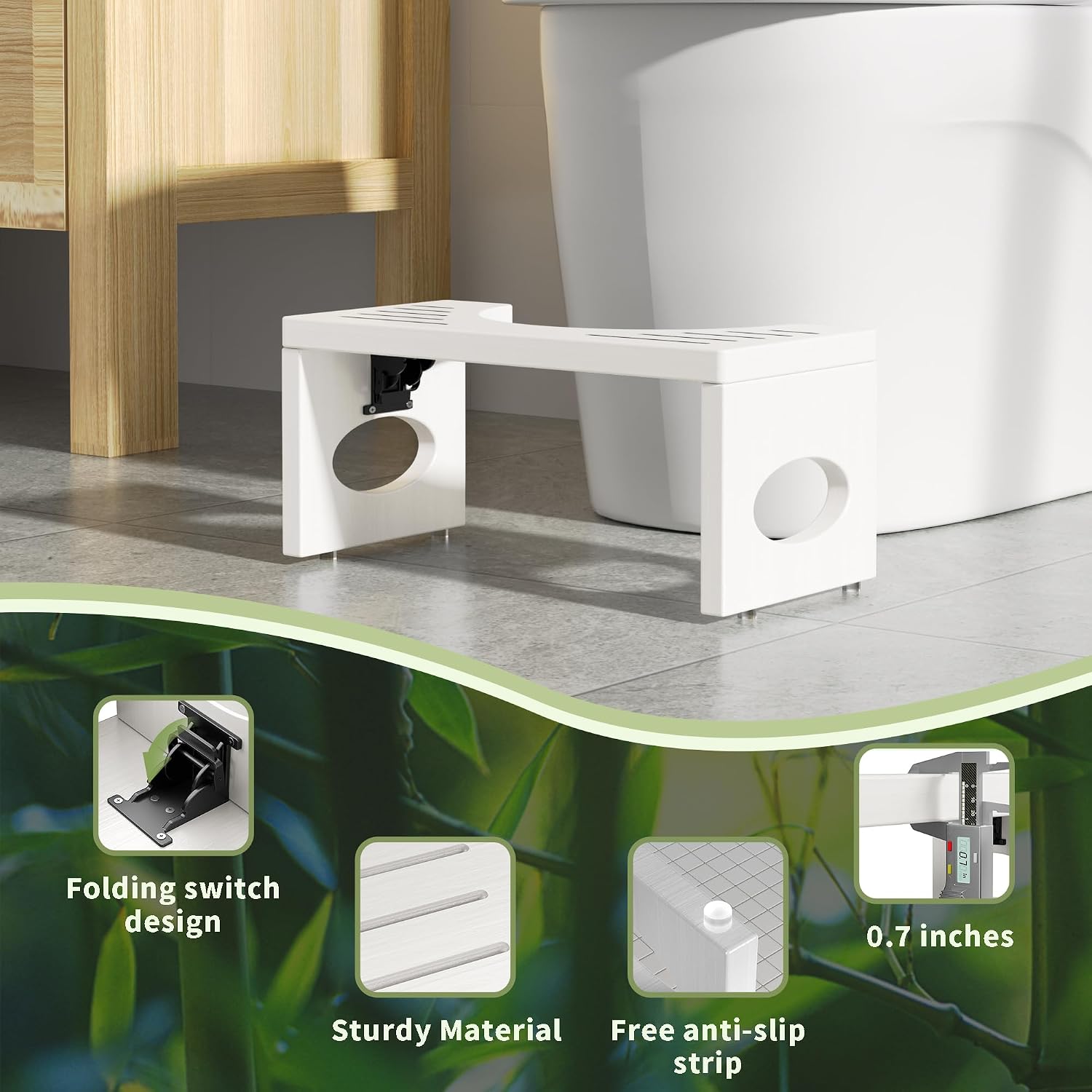 Detalle 2 de ROMGUAR CRAFT RAY-8695W Bamboo Toilet Stool, 7-Inch Foldable White Step